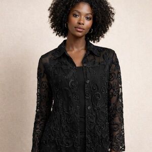 Parsley & Sage Embroidered Mesh Jacket Black Sheer Floral Button Front Medium